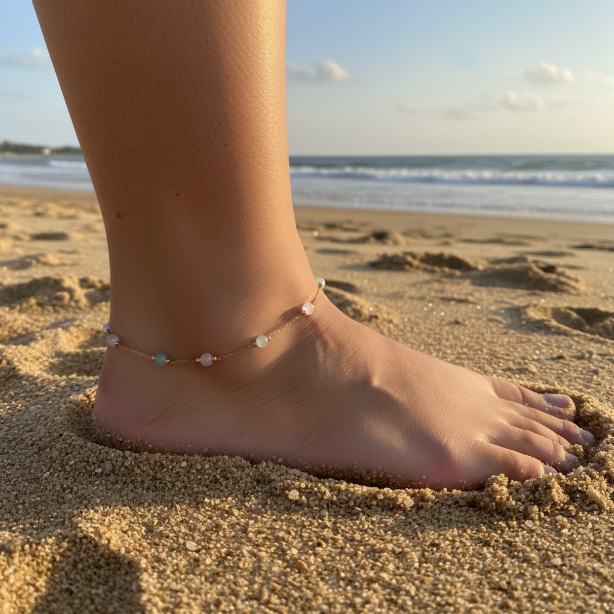 Anchored foot on sand with anklet, blurred beach background