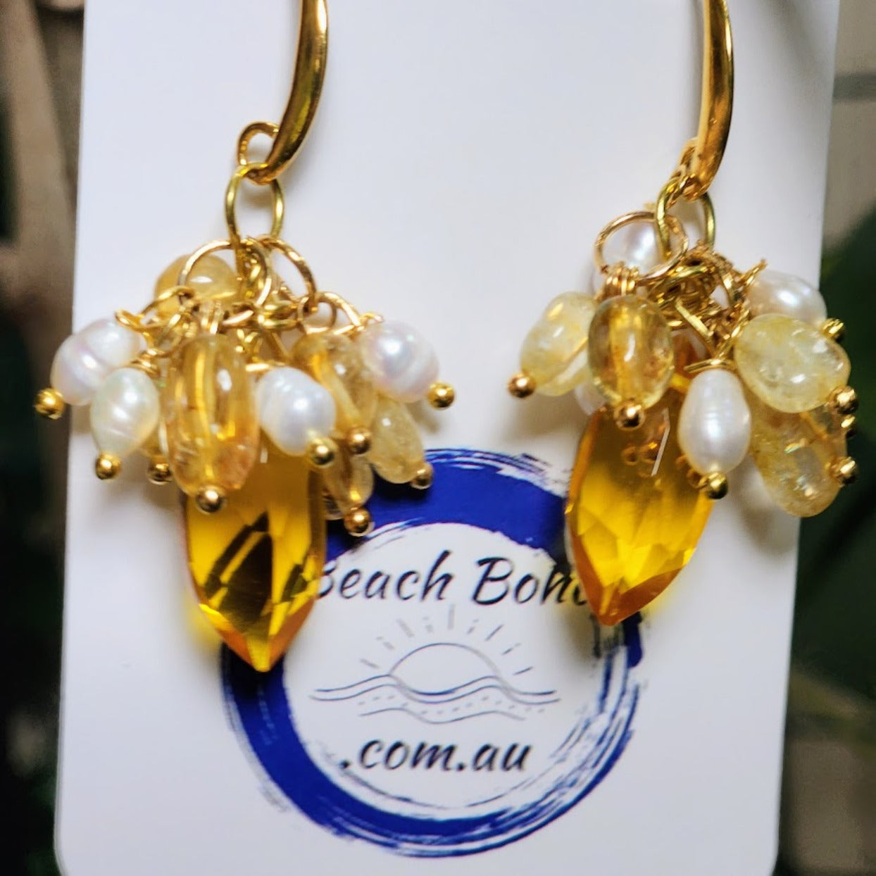 SUN & SEA - CITRINE POLISHED STONE & BABY BAROQUE PEARL HOOK EARRINGS - Premium earrings from www.beachboho.com.au - Just $85! Shop now at www.beachboho.com.au