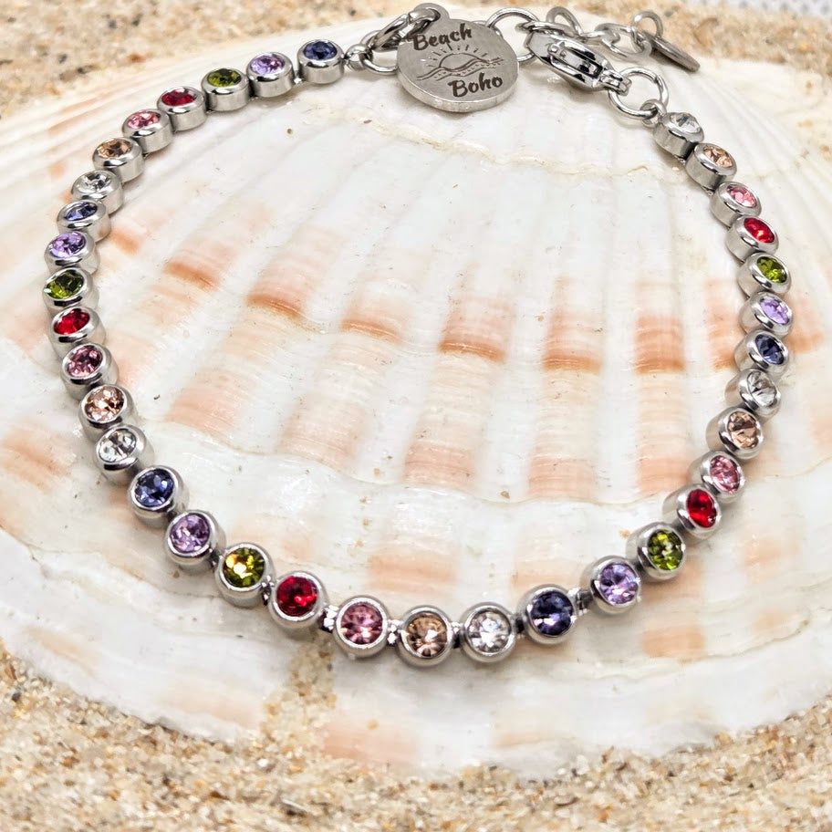 SILVER RAINBOWS  - SILVER WATERPROOF RAINBOW GEMSTONE BRACELET