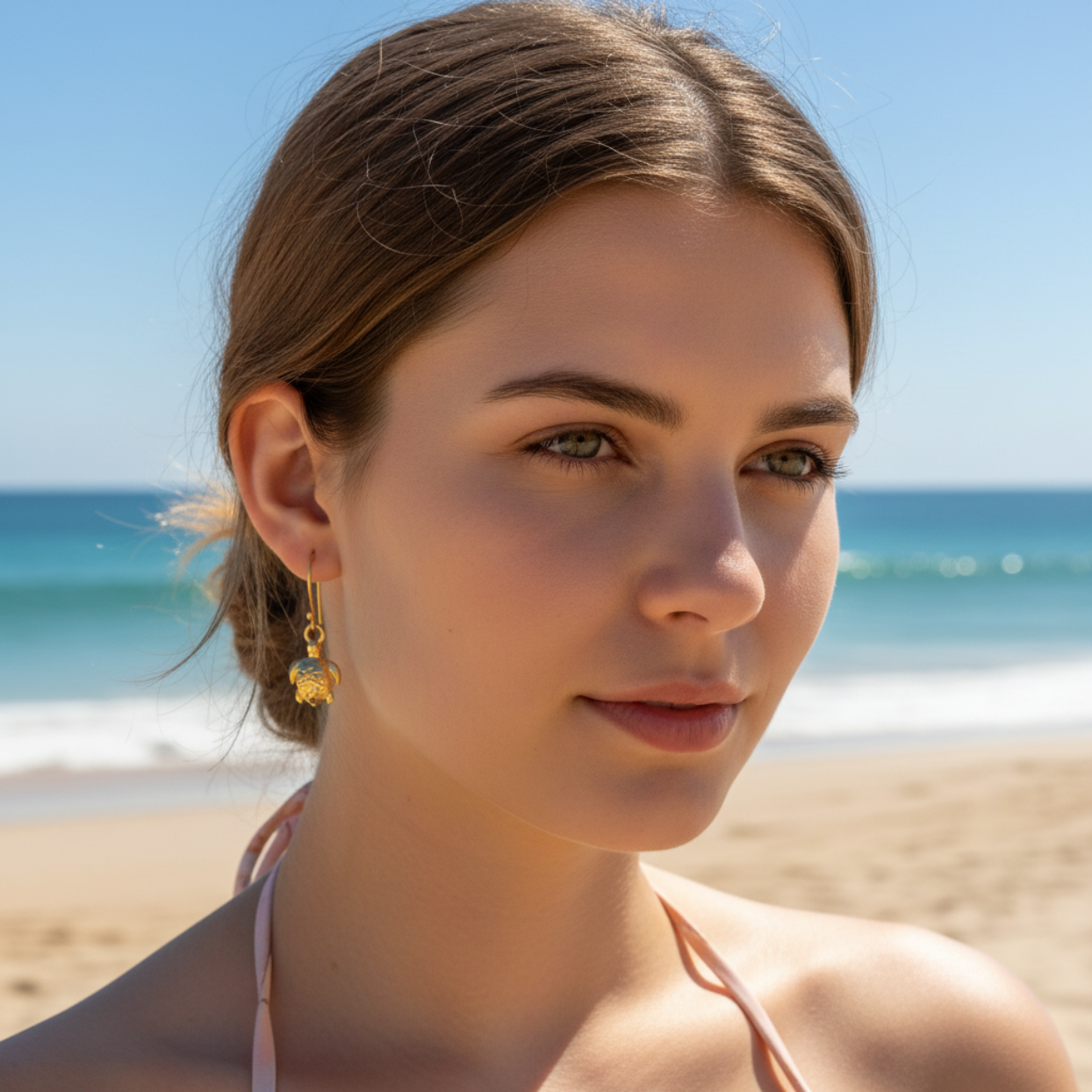 Woman on a beach wearing gold earrings with a clear blue sky and ocean background
