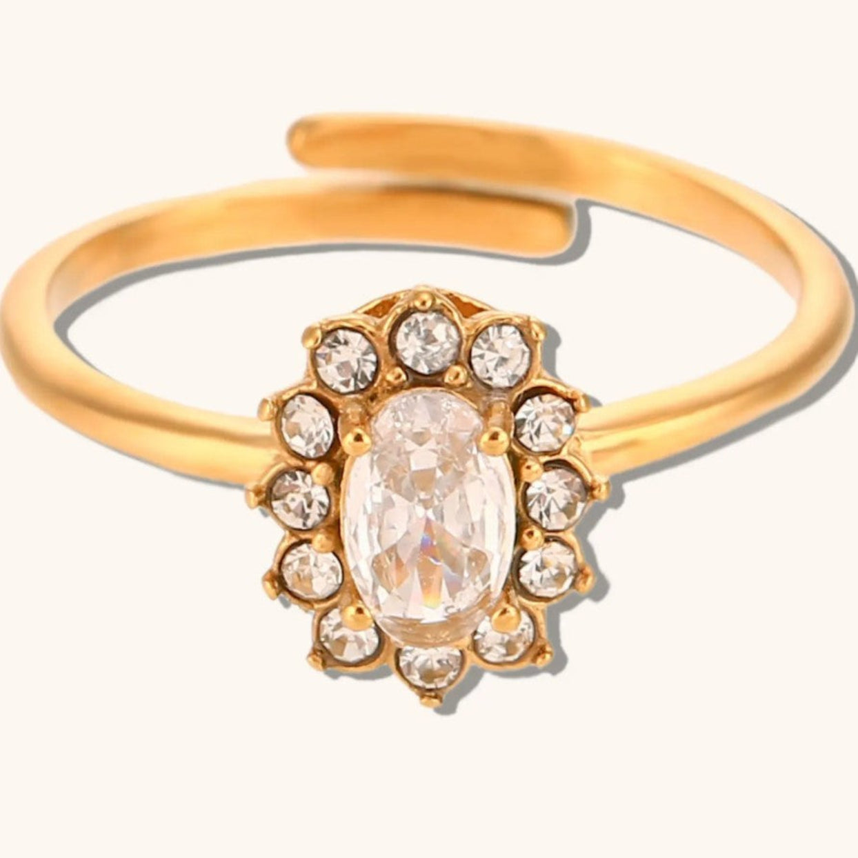 Gold ring with a central gemstone and smaller stones on a white background