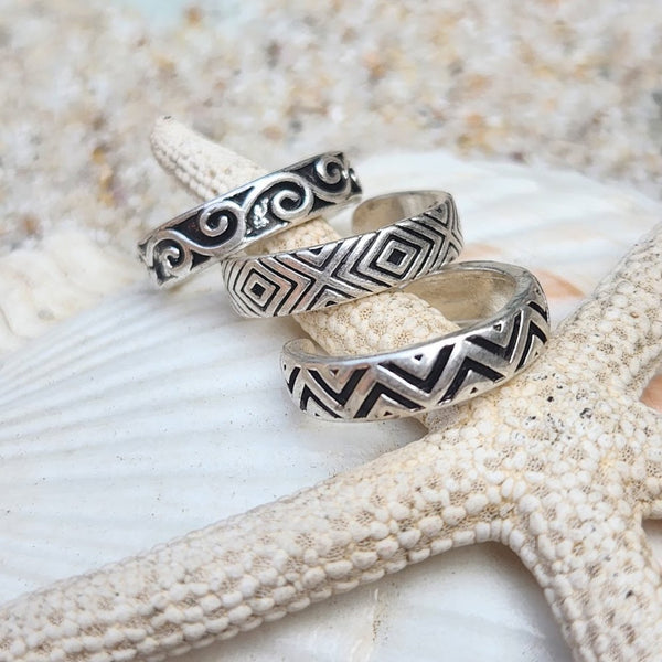 Tribal Style Boho Set of 3 Waterproof Silver Toe Rings