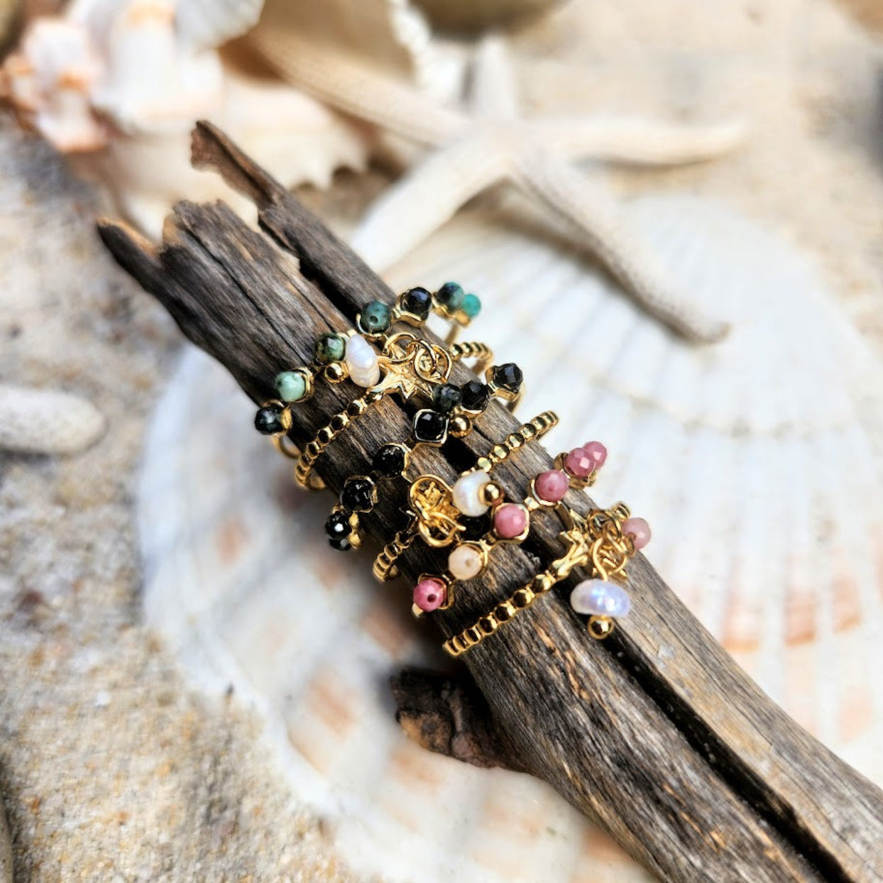 LITTLE STONES  - WATERPROOF ADJUSTABLE TURQUOISE / ONYX OR ROSE QUARTZ  & PEARL 18K GOLD RING