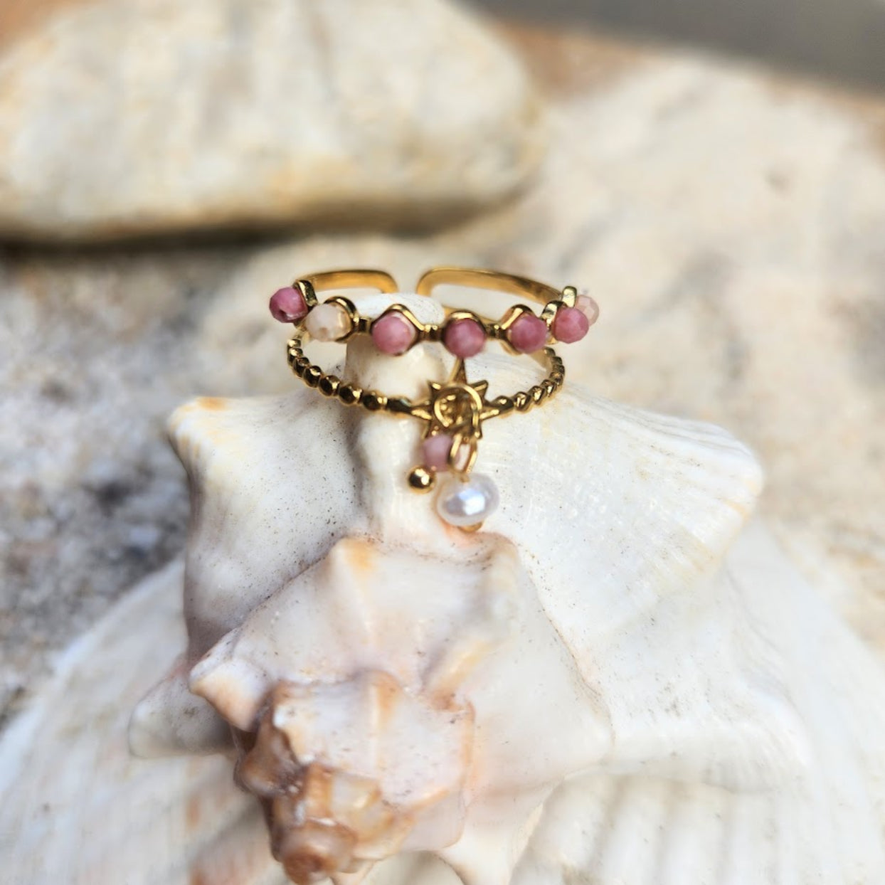 LITTLE STONES  - WATERPROOF ADJUSTABLE TURQUOISE / ONYX OR ROSE QUARTZ  & PEARL 18K GOLD RING