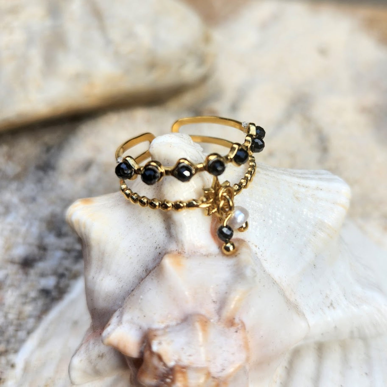 LITTLE STONES  - WATERPROOF ADJUSTABLE TURQUOISE / ONYX OR ROSE QUARTZ  & PEARL 18K GOLD RING