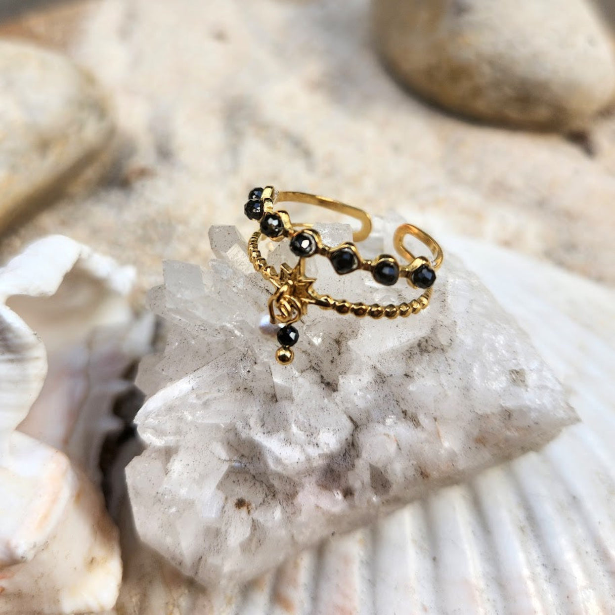 LITTLE STONES  - WATERPROOF ADJUSTABLE TURQUOISE / ONYX OR ROSE QUARTZ  & PEARL 18K GOLD RING