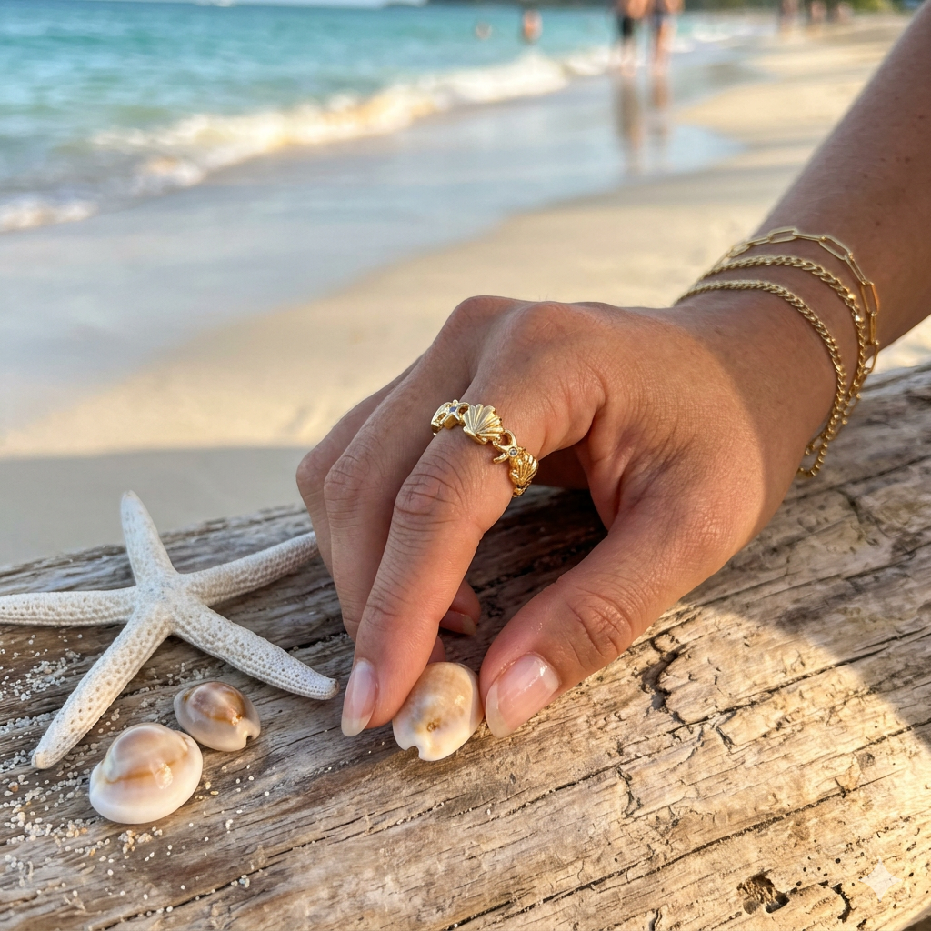 Hand with gold ring and bracelets on a beach with seashells and a starfish.