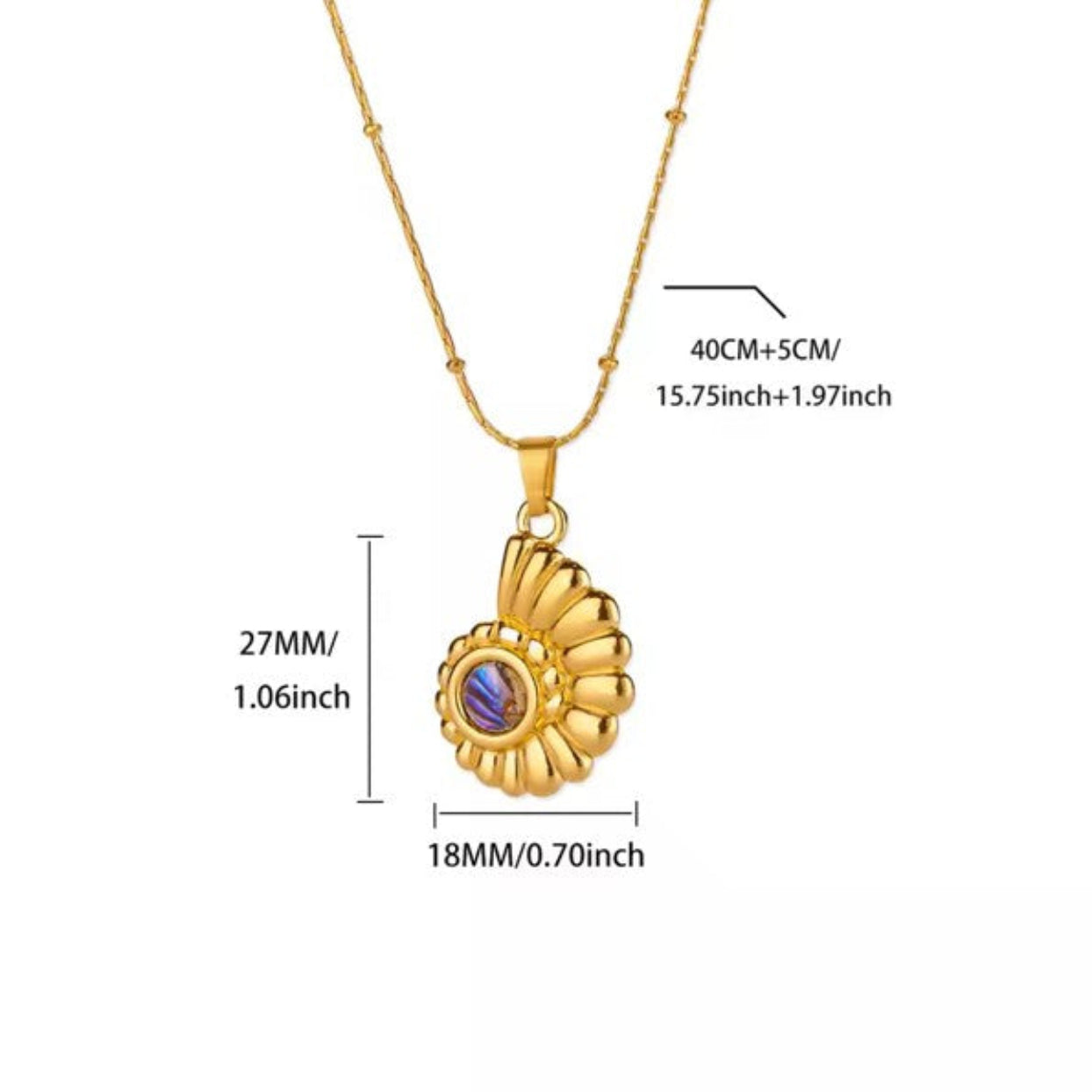 Gold necklace with a pendant, shown with measurements on a white background