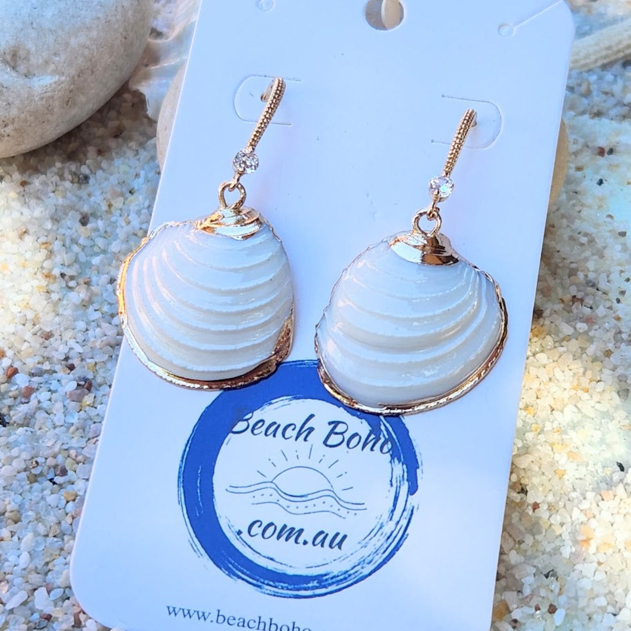 SEA SHELLS - GOLD HOOK CUBIC ZIRONIA EARRINGS - Premium earrings from www.beachboho.com.au - Just $40! Shop now at www.beachboho.com.au