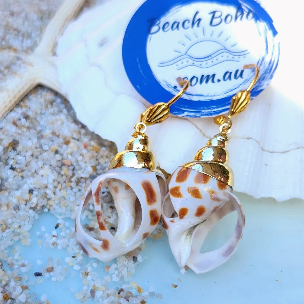 SPECKLED SHELLS - GOLD HOOK BOHO EARRINGS www.beachboho.com.au