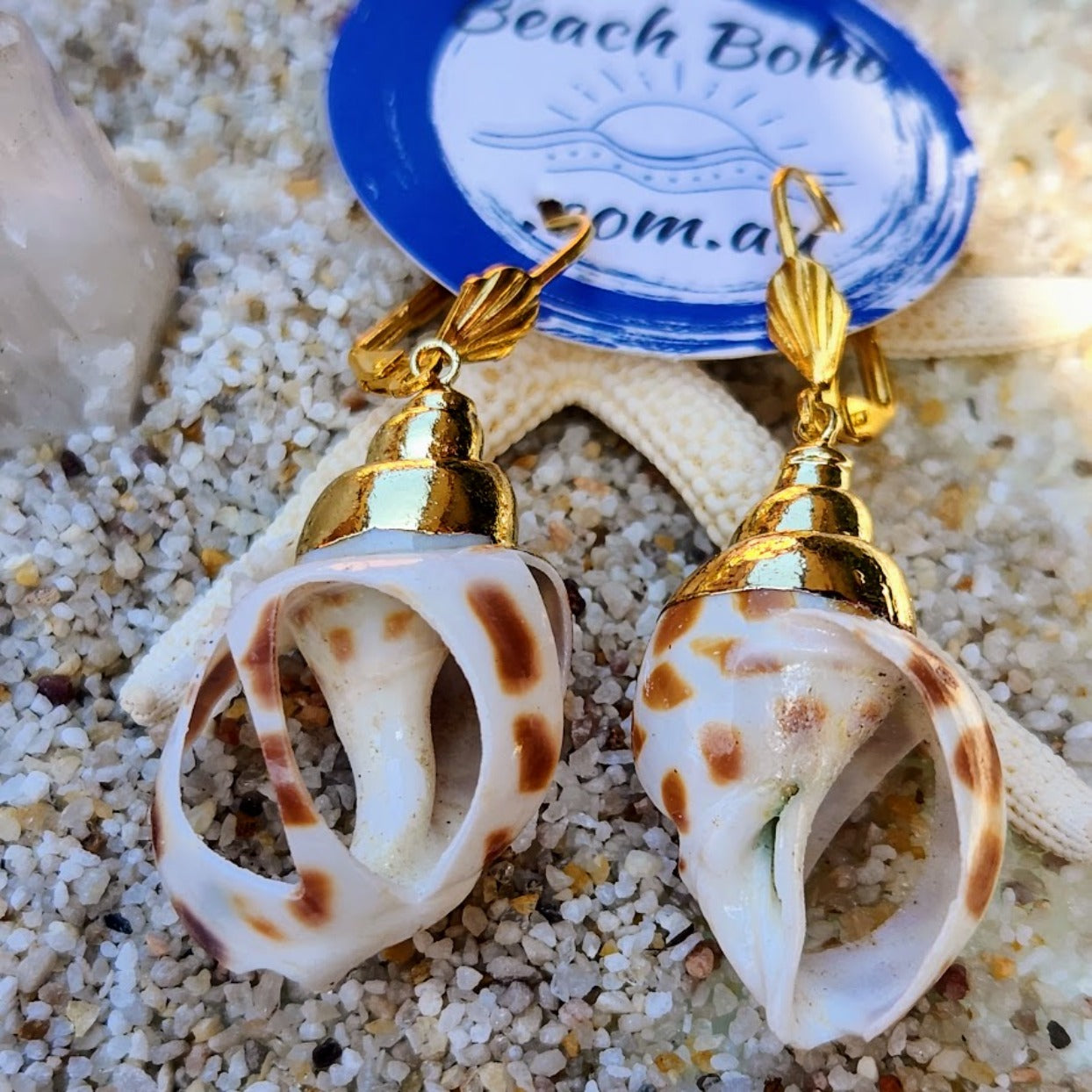 SPECKLED SHELLS - GOLD HOOK BOHO EARRINGS www.beachboho.com.au