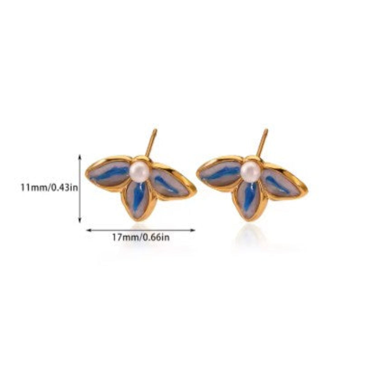 Gold butterfly-shaped earrings with blue wings and a pearl center, shown with measurements on a white background.