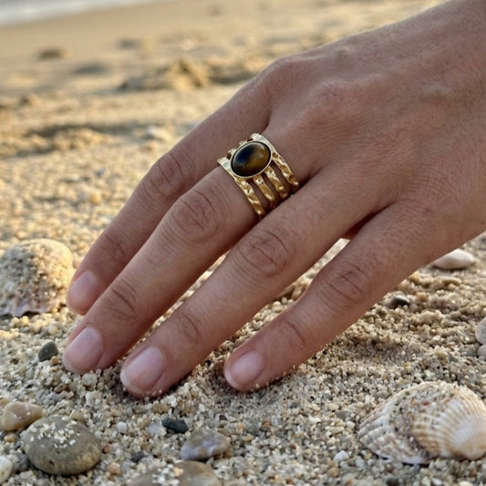 ENHANCE   -   ADJUSTABLE TIGER EYE WATERPROOF GOLD RING
