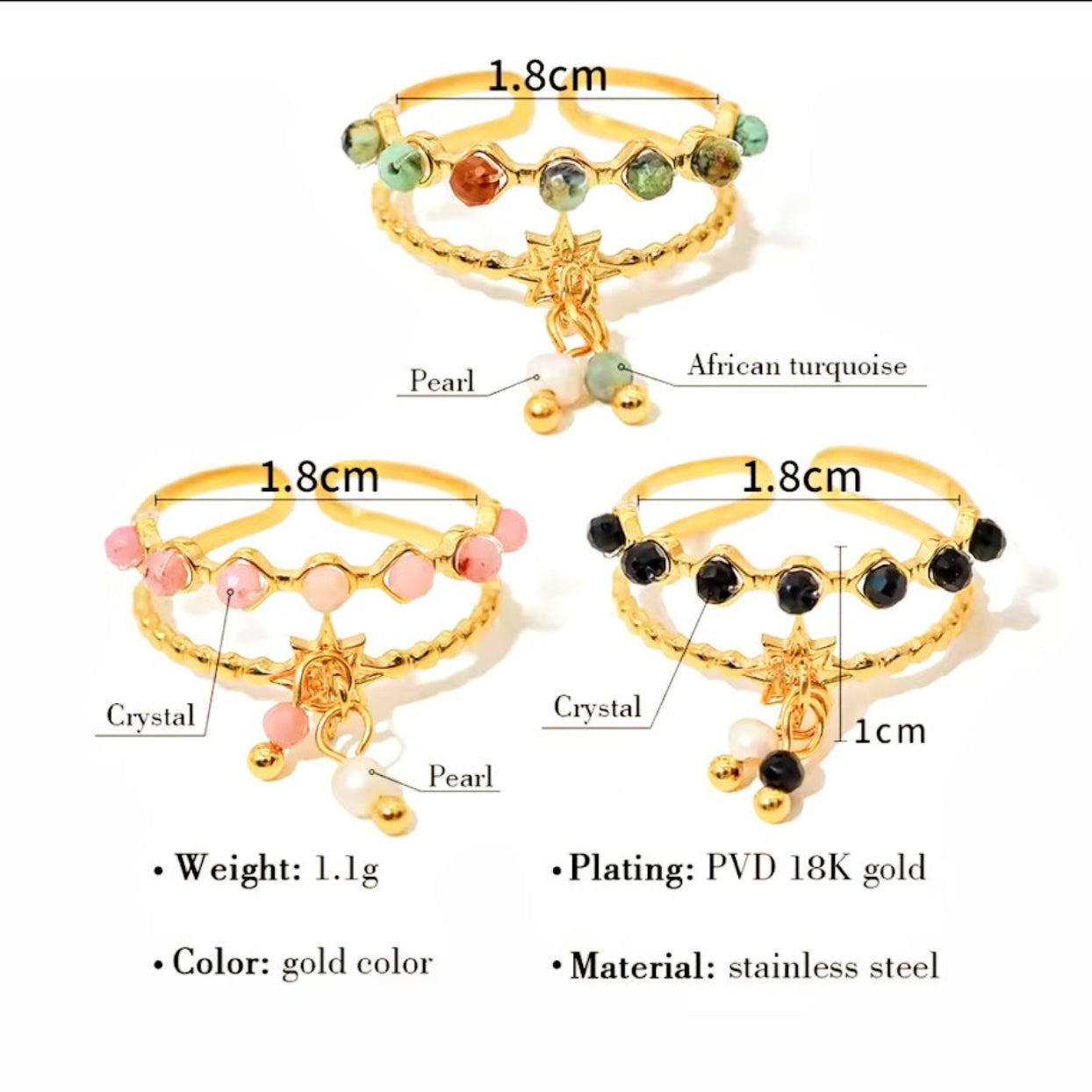 LITTLE STONES  - WATERPROOF ADJUSTABLE TURQUOISE / ONYX OR ROSE QUARTZ  & PEARL 18K GOLD RING