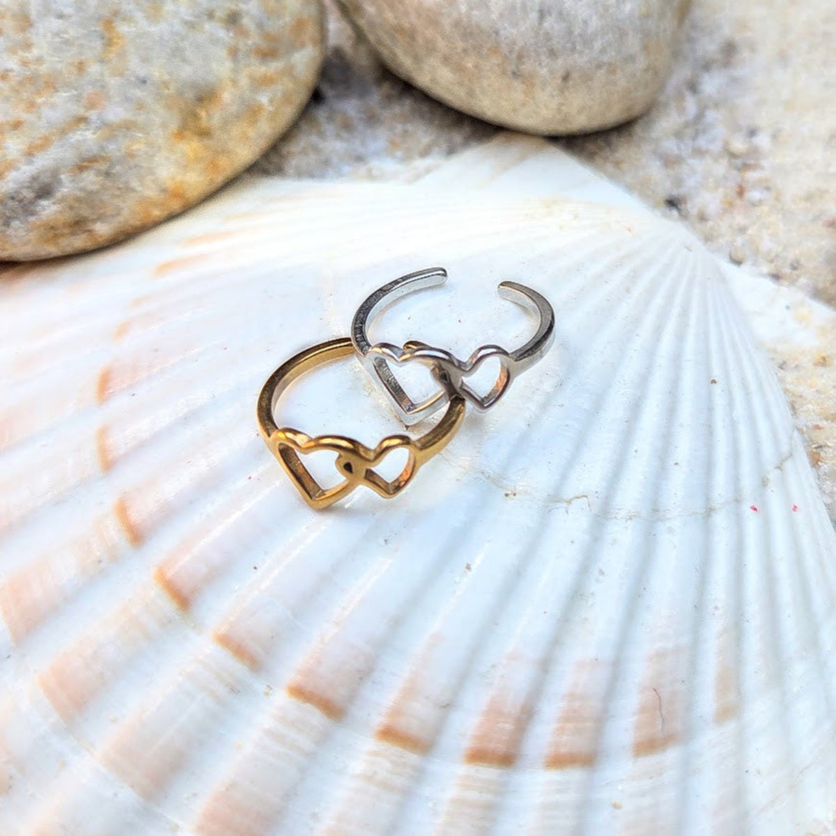Twin Hearts  - Gold Or Silver Waterproof Toe Rings