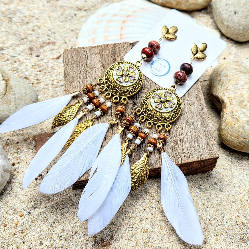 White Dreams - Statement Agate Stone / Wood & Feather Earrings