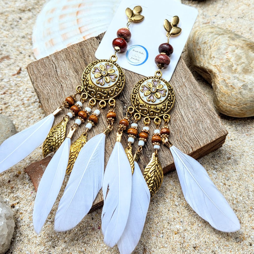 White Dreams - Statement Agate Stone / Wood & Feather Earrings