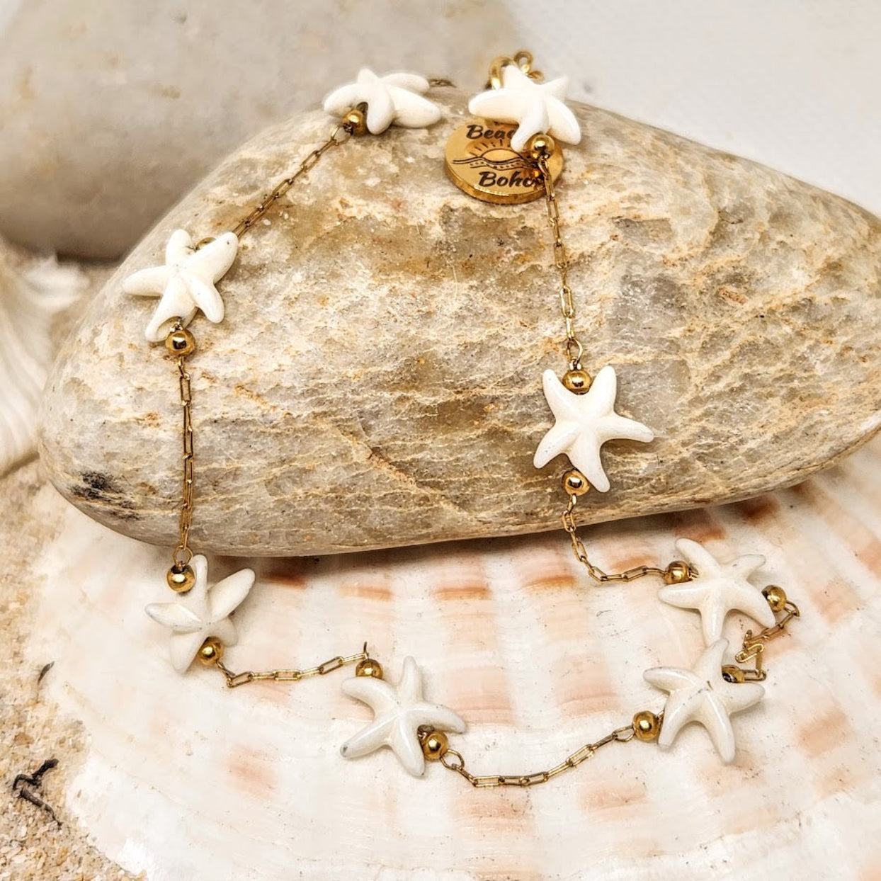 SHELL WHITE OR TURQUOISE BLUE STAR FISH -  18K GOLD WATERPROOF  CHAIN ANKLET