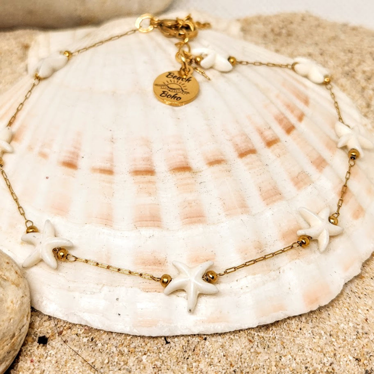 SHELL WHITE OR TURQUOISE BLUE STAR FISH -  18K GOLD WATERPROOF  CHAIN ANKLET
